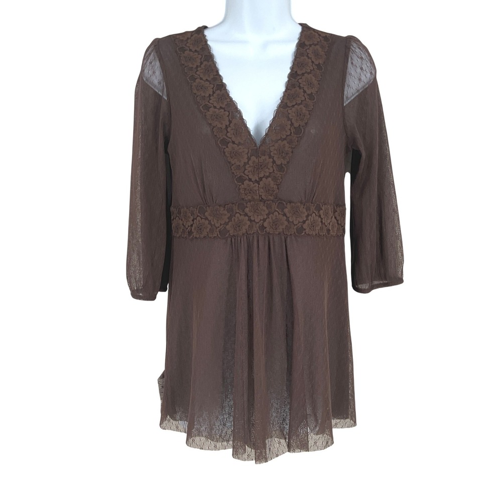 Express Tunic Top Women L Babydoll Brown Mesh Lace Trim Boho Y2K Grunge Ethereal